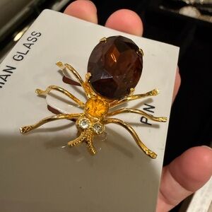 Vintage Bohemian Glass Spider Brooch Pin – Gold Tone Crystal Collectible
